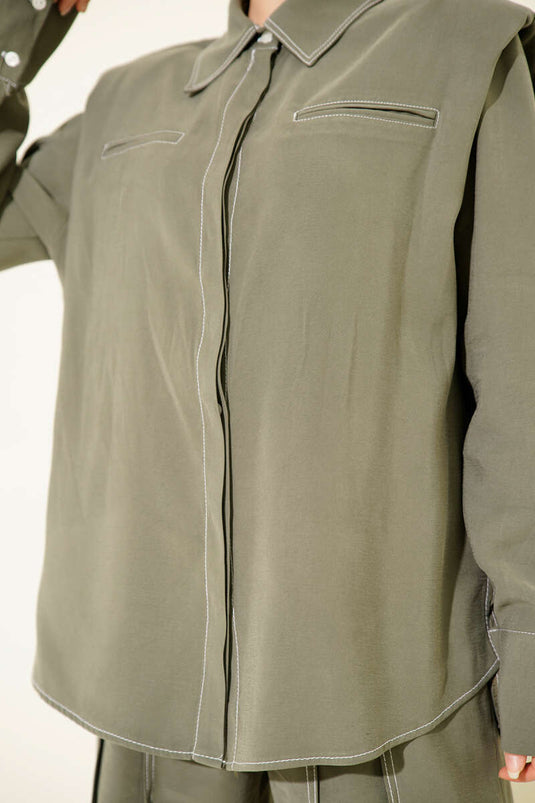 Two Piece Khaki Suit with Fake Pocket and Hidden Placket