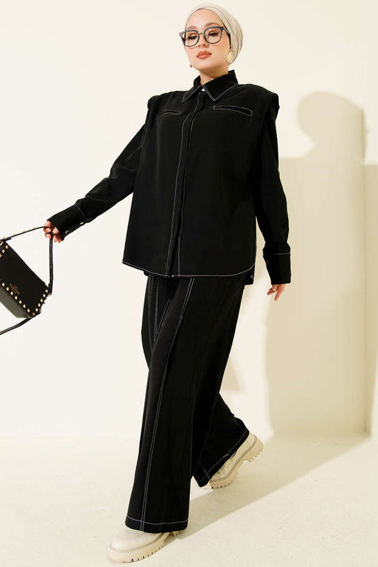 Costume deux pièces avec fausse poche et patte de boutonnage dissimulée, noir