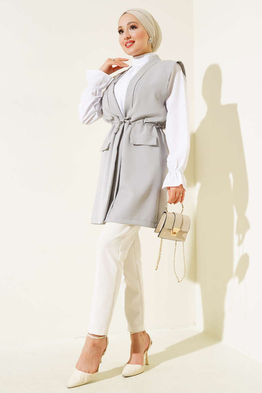 Sahte Cepli Tünelli Yelek Gri