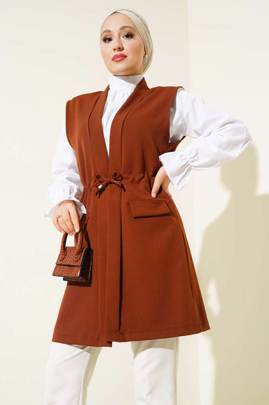 Sahte Cepli Tünelli Yelek Kahve