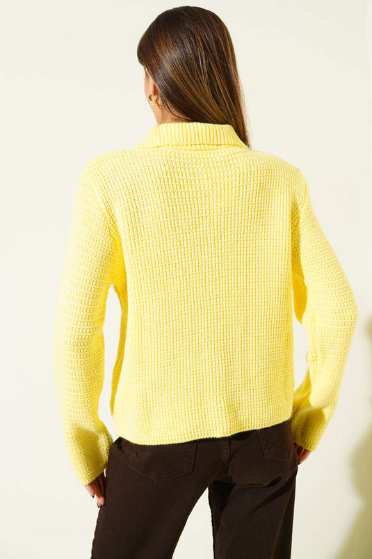 Tweed Cardigan with Faux Pockets, Yellow