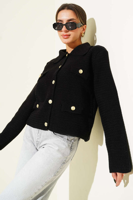 كارديجان أسود من التويد بجيوب صناعية