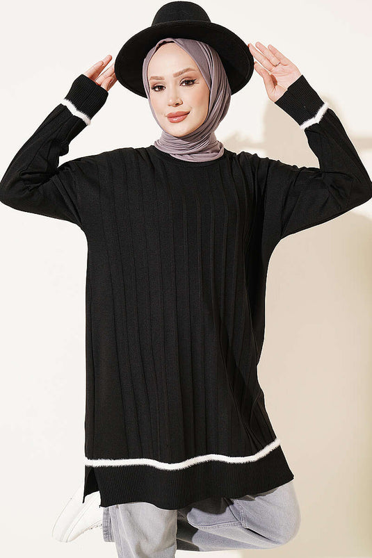 Schwarzes Merino Langarm-Tunika Mit Bart-Details