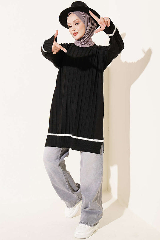 Schwarzes Merino Langarm-Tunika Mit Bart-Details