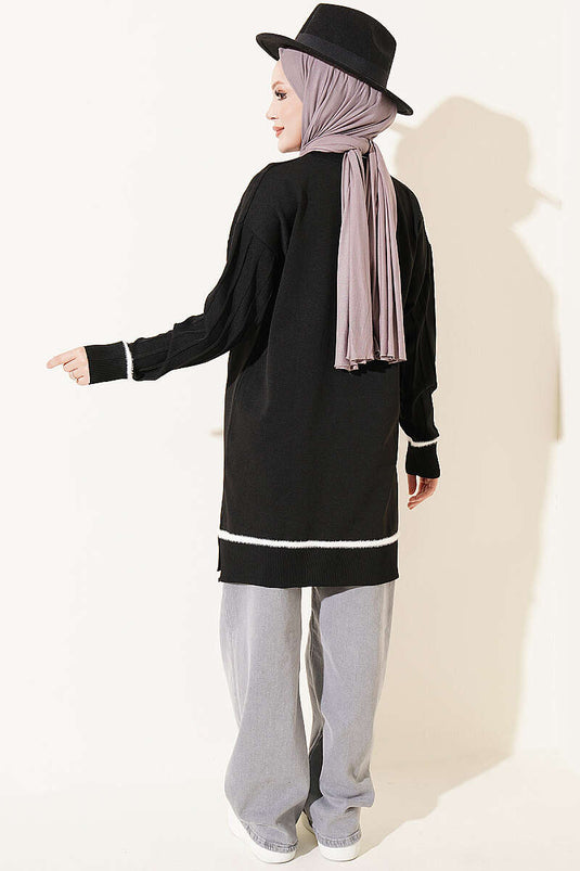 Schwarzes Merino Langarm-Tunika Mit Bart-Details
