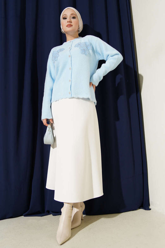 Sakallı Çiçek Motifli Hırka Mavi