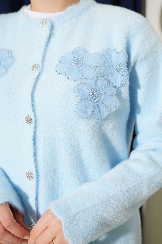 Sakallı Çiçek Motifli Hırka Mavi