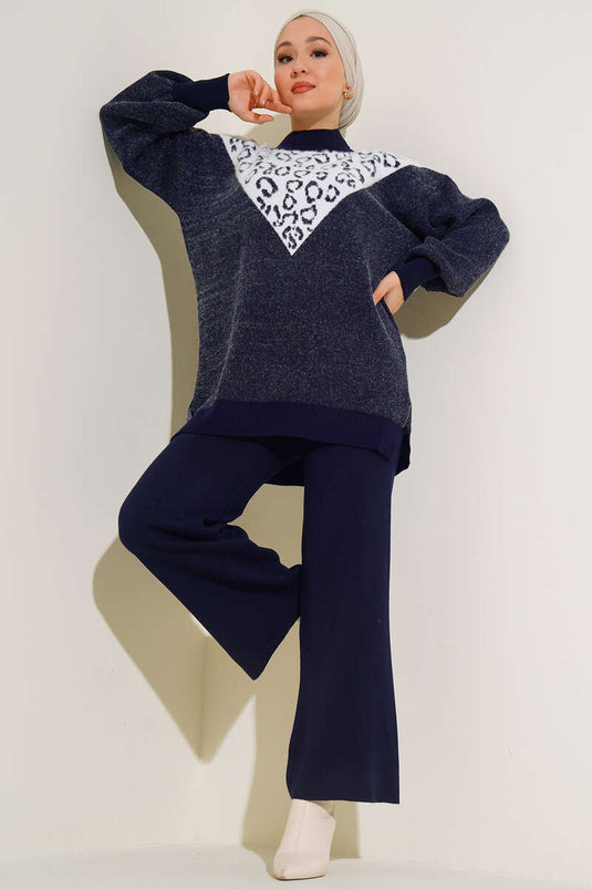 Bearded Patterned Knit Two-Piece Set Navy Blue