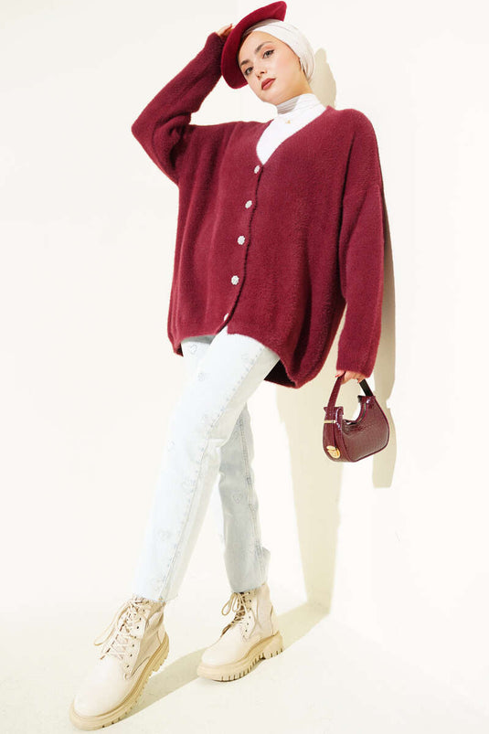 Sakallı Düğmeli Hırka Bordo