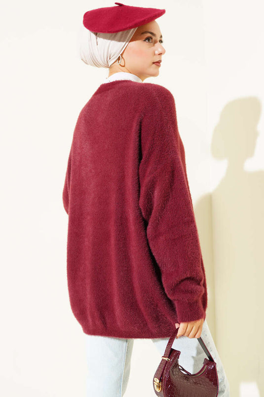 Sakallı Düğmeli Hırka Bordo