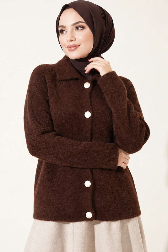 Sakallı Düğmeli Hırka Kahve