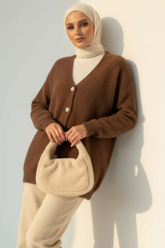 Sakallı Düğmeli Hırka Kahve