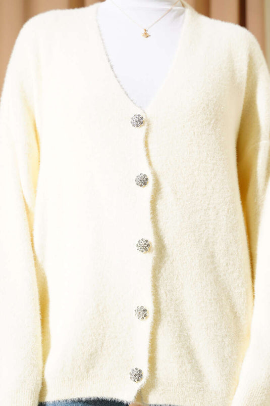 Cremefarbene Strickjacke mit Knöpfen und Bart