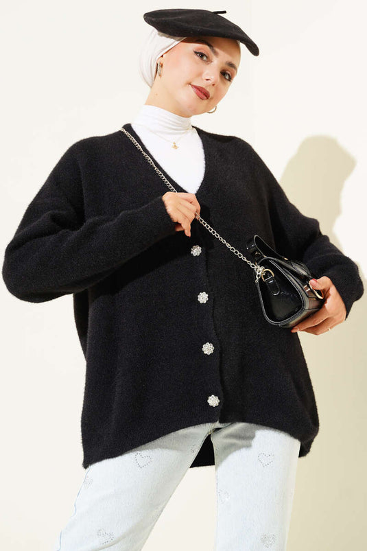 Strickjacke mit Bartknöpfen, Schwarz