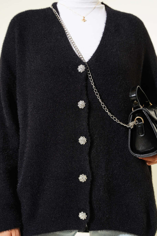 Strickjacke mit Bartknöpfen, Schwarz