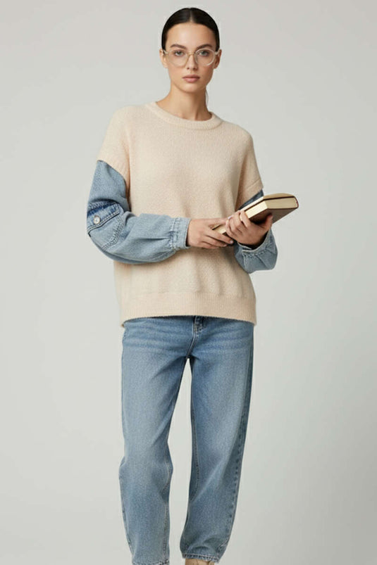 Bearded Sleeves Denim Sweater, Ecru