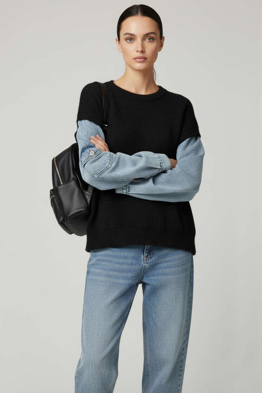 Sakallı Kolları Kot Kazak Siyah