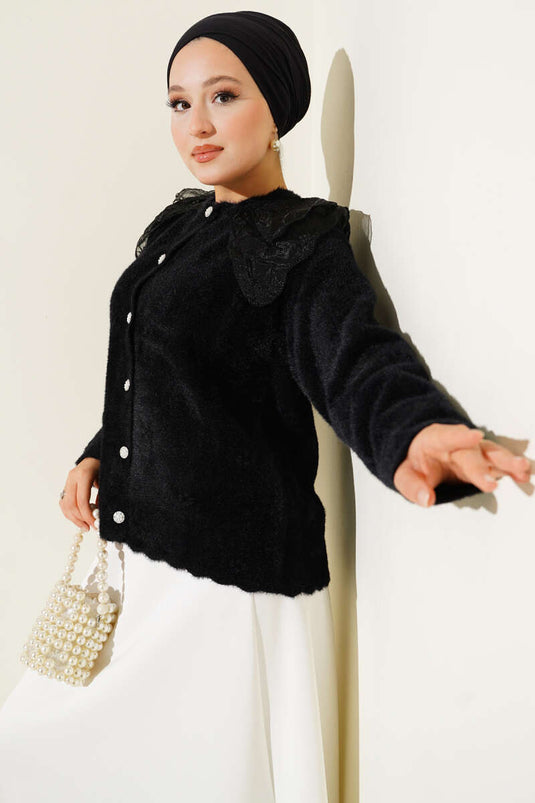 Bearded Shoulder Tulle Floral Cardigan Black