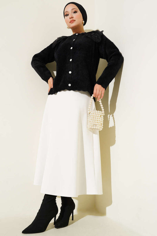 Bearded Shoulder Tulle Floral Cardigan Black