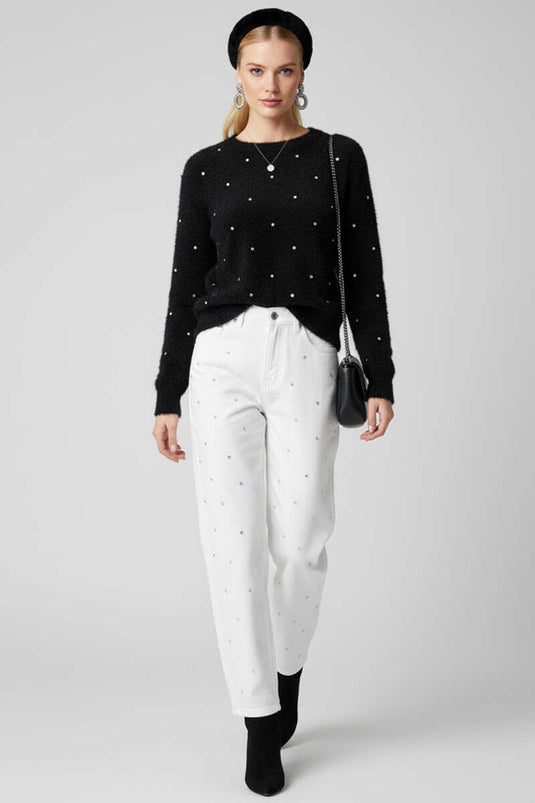 Sakallı Taş Detaylı Kazak Siyah