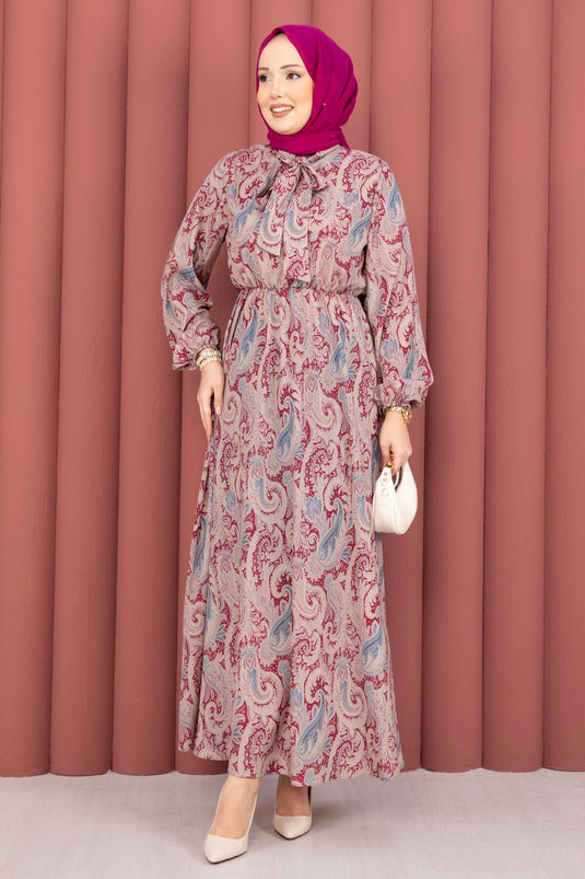 Schal-Muster Kleid mit geraffter Taille, bedeckend, fuchsia