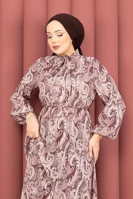 Scarf Pattern Gathered Waist Modest Dress Brown