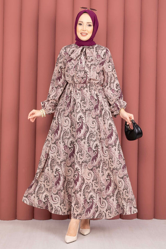Scarf Pattern Waist Gathered Modest Dress Plum