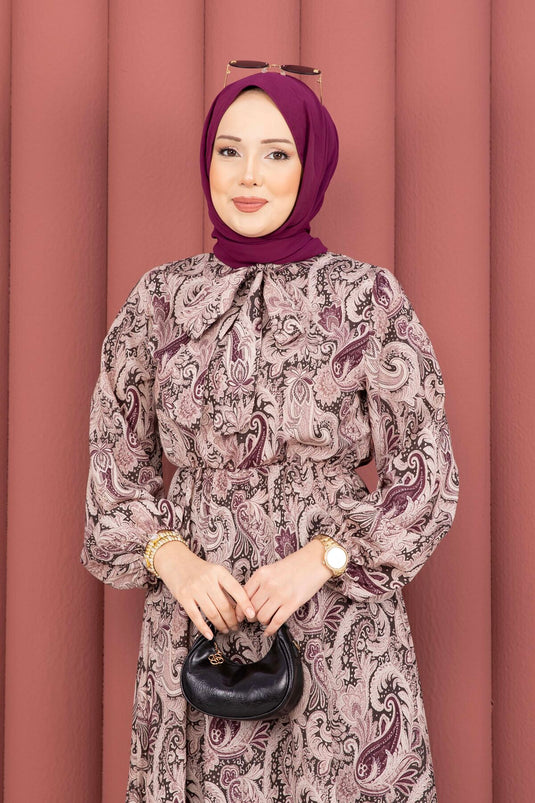 Scarf Pattern Waist Gathered Modest Dress Plum