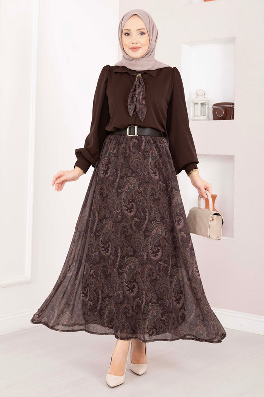 Schal-Muster Bluse & Rock mit Gürtel Set in Braun