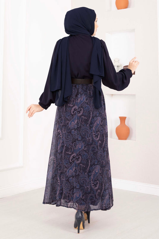 Chemise à foulard imprimé et jupe ceinturée ensemble bleu marine