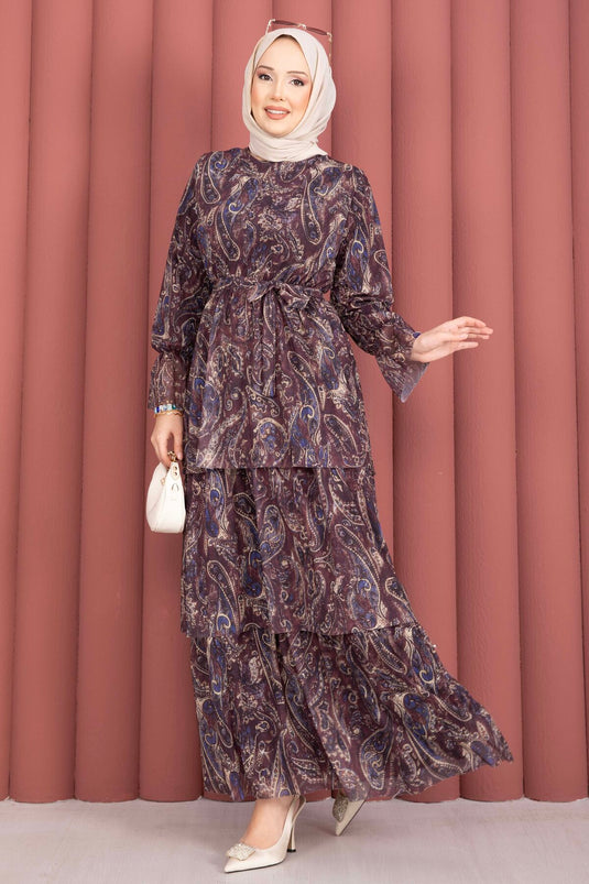 Layered Patterned Chiffon Dress in Dark Brown