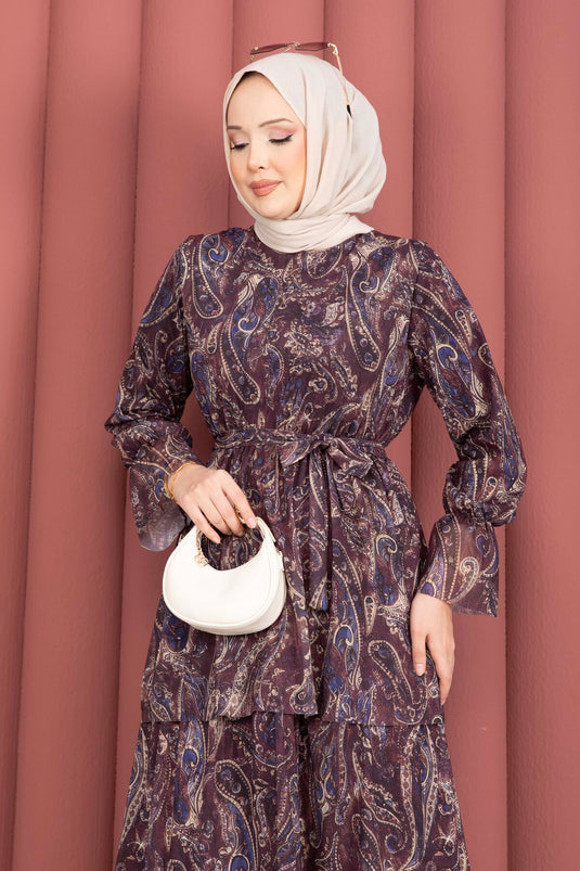 Layered Patterned Chiffon Dress in Dark Brown