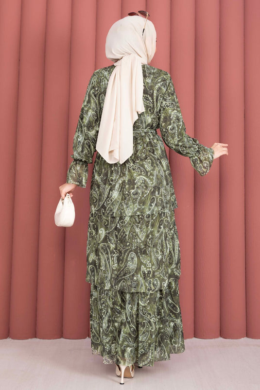 Sjaalpatroon Gelaagde Chiffon Jurk Kaki