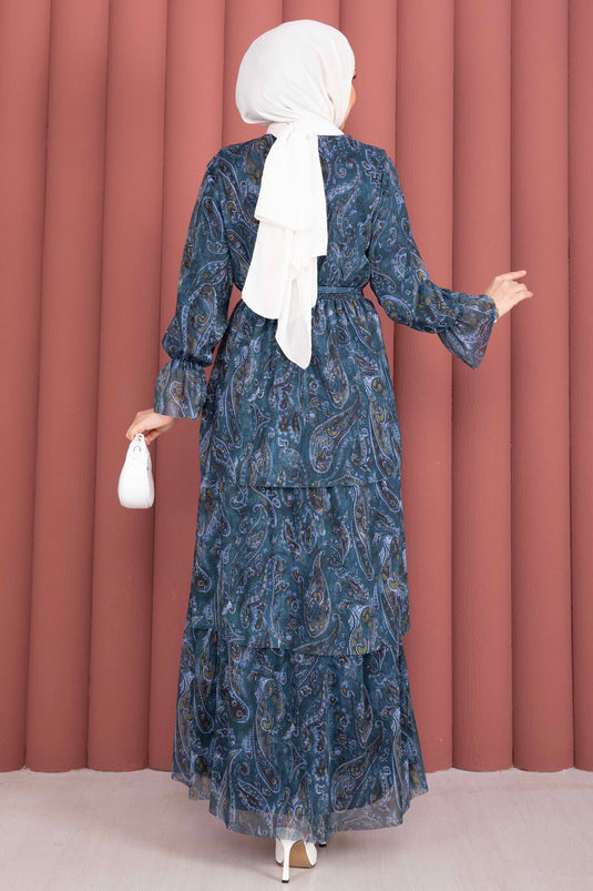 Robe en chiffon à motifs superposés bleu marine