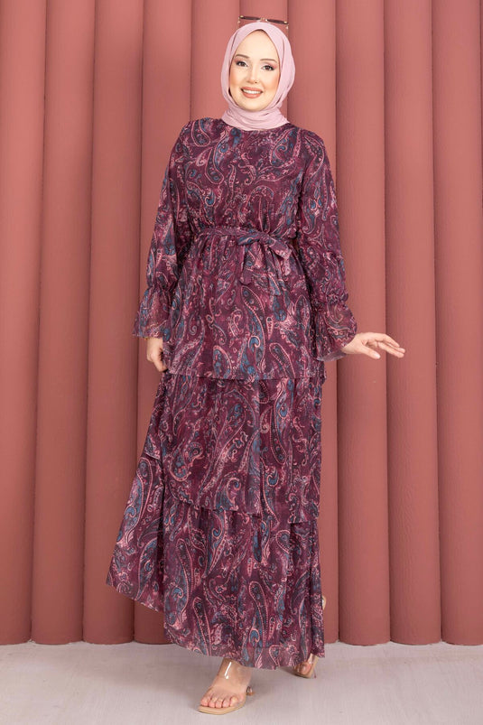 Layered Patterned Chiffon Dress in Burgundy