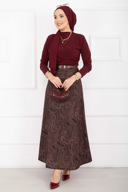 Şal Desen Scuba Etek Bordo