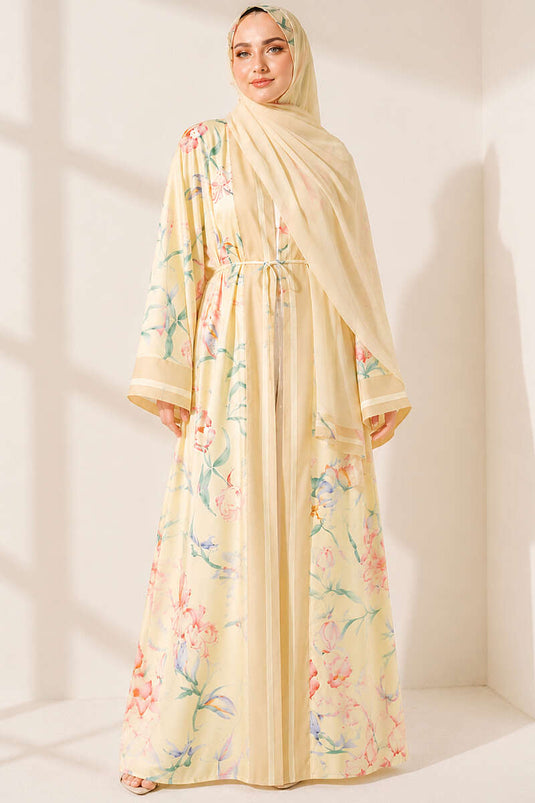 Şal Detaylı Çiçekli Desenli Kimono Sarı