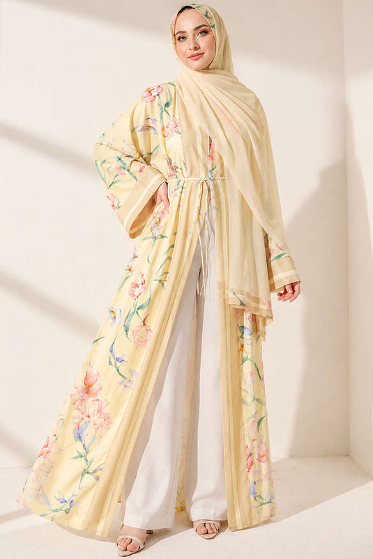 Şal Detaylı Çiçekli Desenli Kimono Sarı