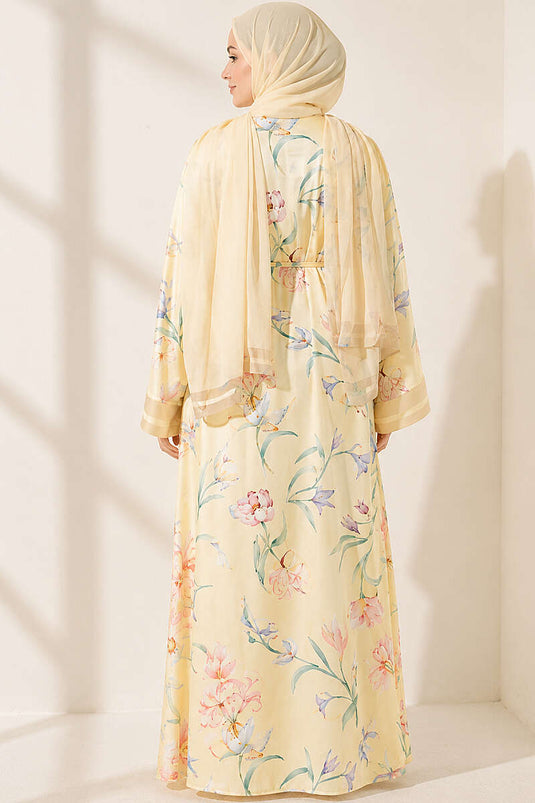 Şal Detaylı Çiçekli Desenli Kimono Sarı