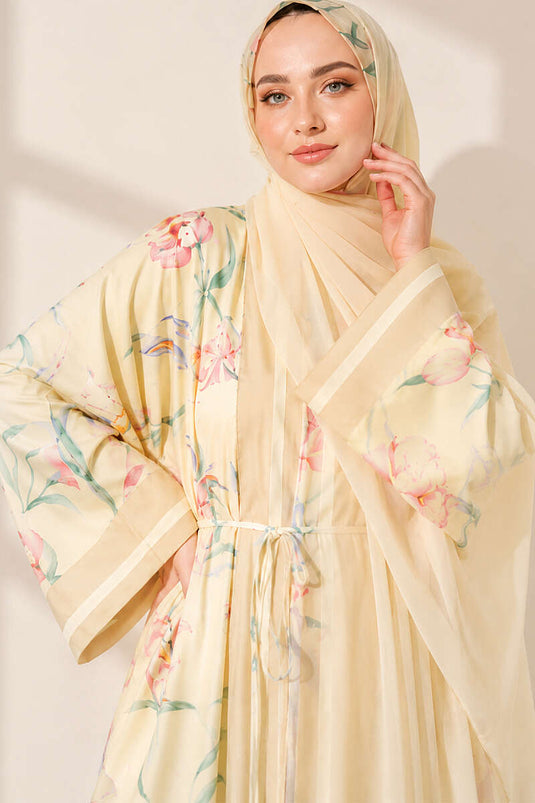 Şal Detaylı Çiçekli Desenli Kimono Sarı