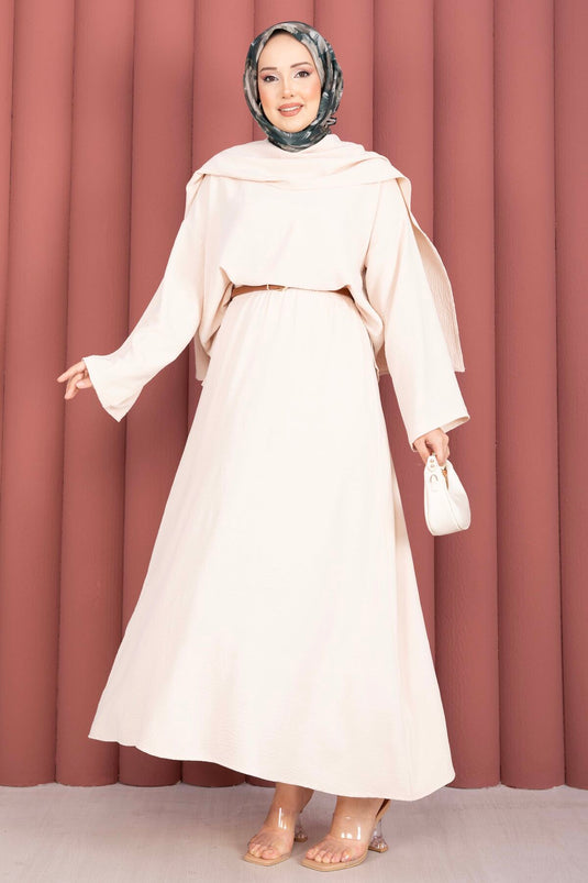 Ensemble triple avec jupe à détail foulard beige