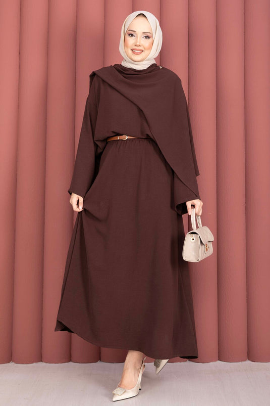 Ensemble triple avec jupe à détail foulard, marron