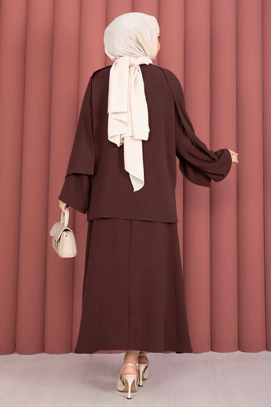Ensemble triple avec jupe à détail foulard, marron