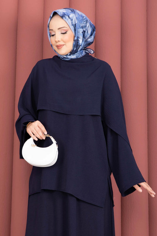 Three-Piece Set with Scarf Detail and Skirt, Navy Blue
