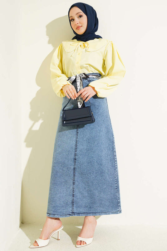 Gonna di jeans con dettaglio sciarpa azzurro chiaro