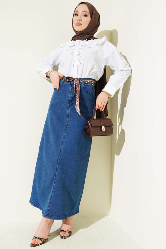Jupe en jean bleu denim avec détail foulard