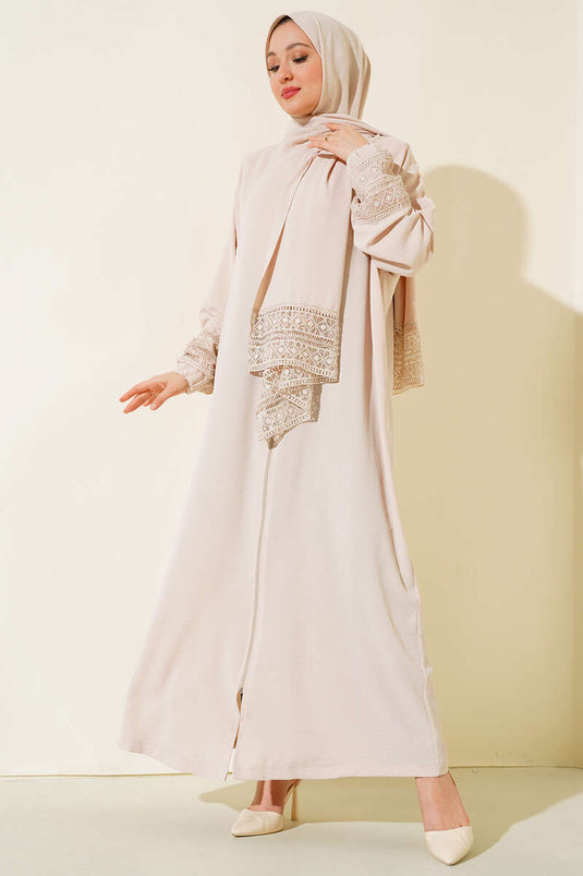 Châle Modelé Manches Dentelle Abaya Beige