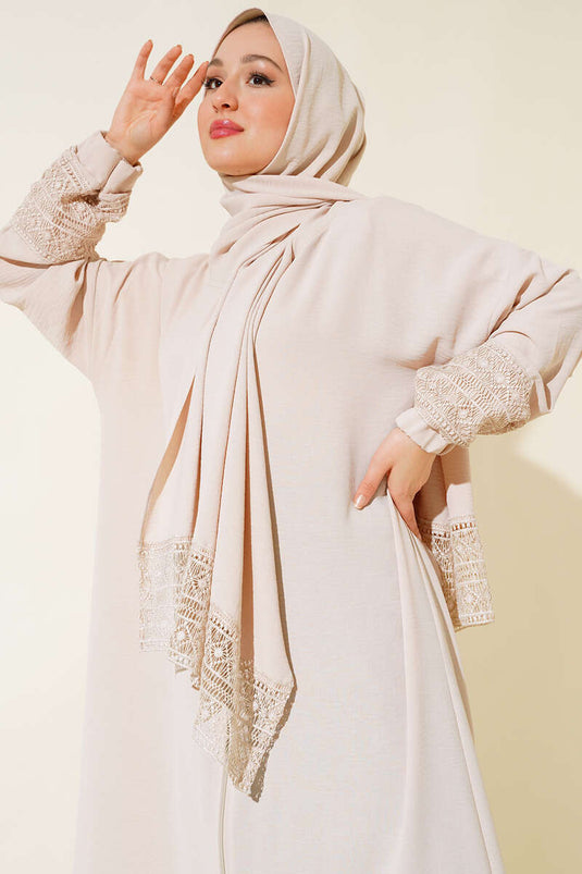 Châle Modelé Manches Dentelle Abaya Beige