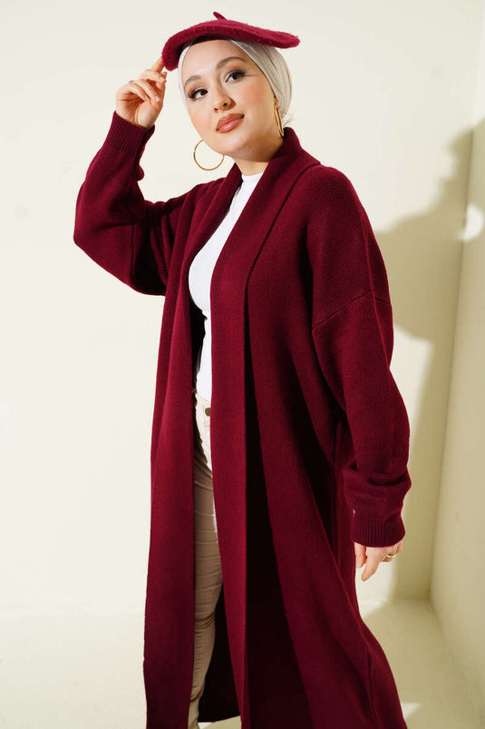 Shawl Collar Basic Long Knitted Cardigan Burgundy