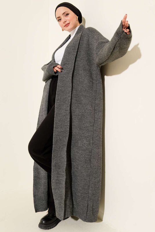 Gilet Long Basic En Tricot À Col Châle Fumé